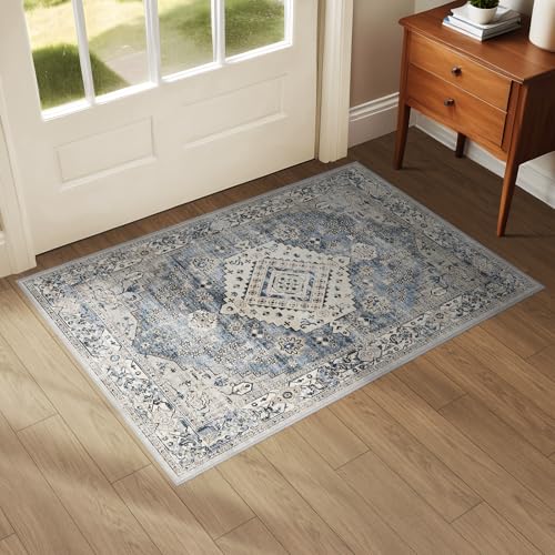 Washable Area Rug Non Slip - 2x3 Vintage Small Low Pile Indoor Rugs for Kitchen Entryway Doormat Carpet Blue Beige