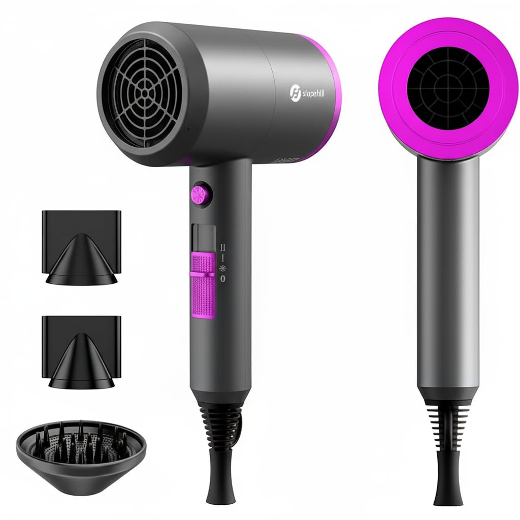 slopehillHair Dryer, Professional Ionic Diffuser Hairdryer,1800 Watt AC Motor Quick Dry Travel Hairdryer, Salon with Hot and Cold Buttons Hairdryers for Women & Men, 2 Concentrators and 1 Diffuser