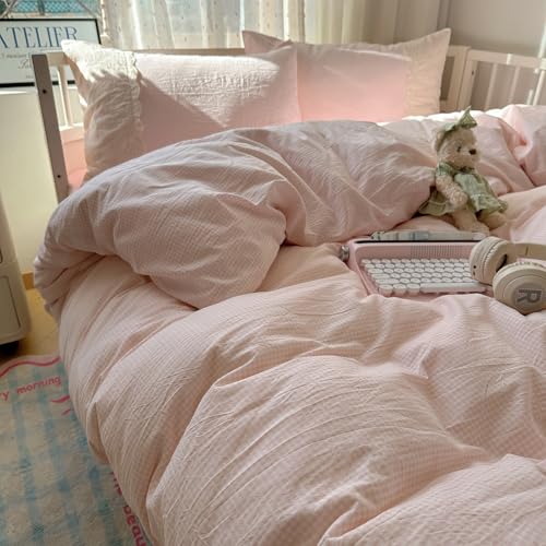 Image of VM VOUGEMARKET Pink Full Duvet Cover Set 3 Pieces Lace Bedding Set Simple Cozy Plaid Checkered Comforter Cover with Zipper Ties for Teen Girls