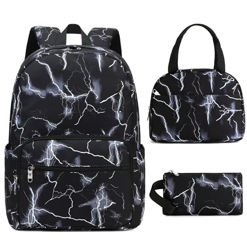 School Backpack Set For Girls Boys College Bookbag Laptop Backpacks 3PCS Kids Elementary Middle Schoolbag With Lunch Bag Casual Travel Daypack For Teens Students Women Men-Lightning Black