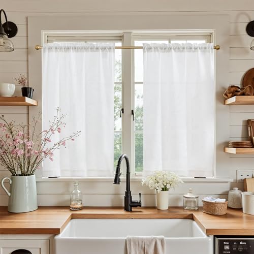jinchan Kitchen Curtains Linen Tier Curtains 36 Inch Farmhouse Cafe Drapes for Small Window Flax Country Rustic Rod Pocket Bathroom Laundry Room RV Li