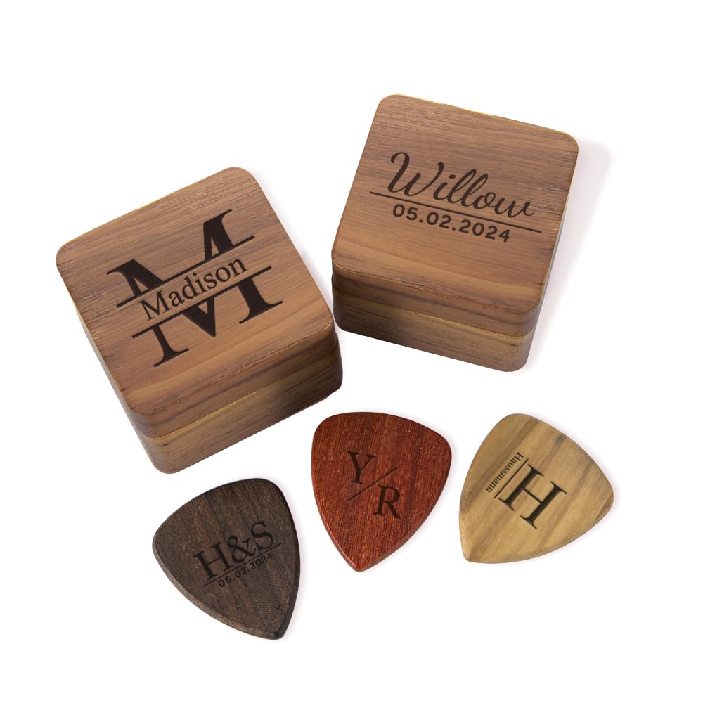 BYFDIY Engraved Guitar Pick Holder Wooden Personalized Initial Name Guitar Pick Case Custom 1 2 3 Picks Guitar Pick Box Birthday Valentines Day Graduation Gifts For Him Her
