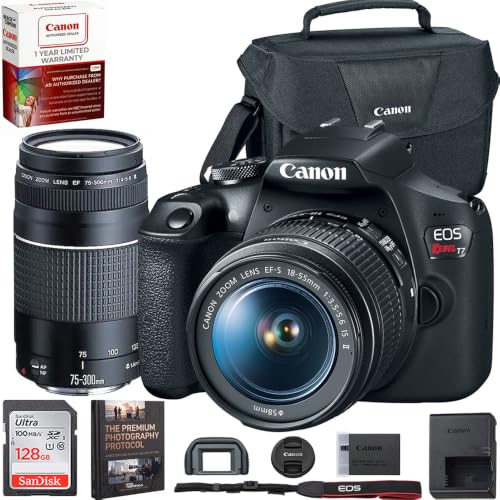 Image of Canon EOS Rebel T7 DSLR Camera with EF18-55mm + EF 75-300mm Double Zoom Kit 2727C021 Bundle with Sandisk 128GB Memory Card, Deco Essentials Camera Bag and Photography Guidebook