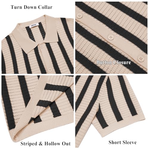 Image of COOFANDY Men's Knit Shirts Short Sleeve Button Down Polo Shirt Striped Casual Summer Beach Shirts