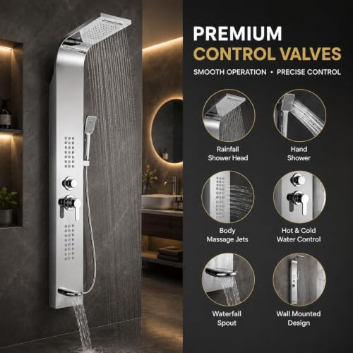 Image of Shower Panel Thermostate Stainless Steel 5 in One, Tower System, Rainfall Shower, Body Massage Spray, 3 Function Hand Shower (Chrome)