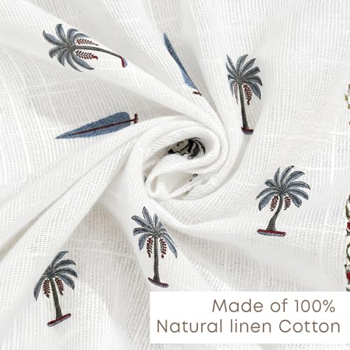 Image of LINENWALAS Decorative Cotton Linen Sheer Curtains 5 Feet for Window -Block Printed Door Curtain | Grommet Hanging Style Pack of 2 Panels |Light Filtering Sheer Drapes (Coastal Palms)