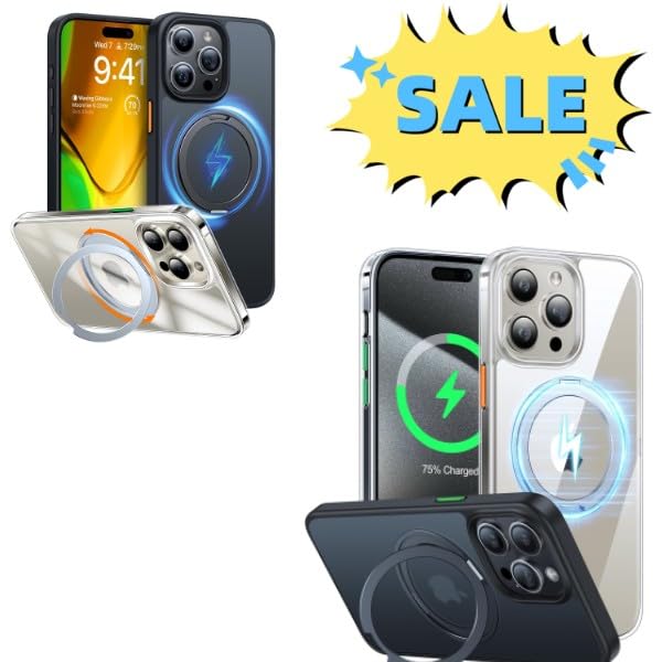 TORRAS Black & Clear 360 Rotatable Magnetic Stand Case for 15 Pro