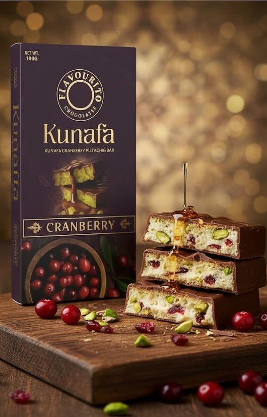 Image of Flavourito Kunafa Cranberry Pistachio Chocolate Bar 100g, Satisfying, Sharp Snap Of Smooth Milk Chocolate that Gives Way to a Creamy, Rich, and Nutty Pistachio (DF) (Cranberry)