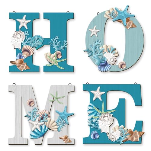 4 Pcs Wood Home Sign Coastal Beach Wall Decor Beach Style Signs Blue Starfish and Shell Wall Decor Beach Theme Sign for Home Letters Hanging Wall Decor Art Signs for Living Room Kitchen Bedroom Decor