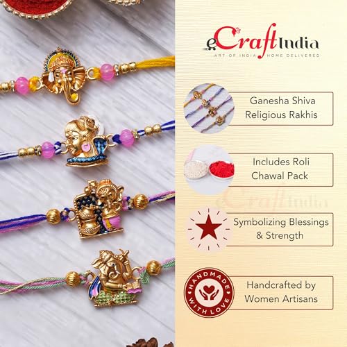 Image of eCraftIndia Multicolor Set of 4 Radha Krishna Playing Flute, Peacock, Krishna Flute, Peacock Feather Designer Religious Rakhis with Roli Chawal Pack