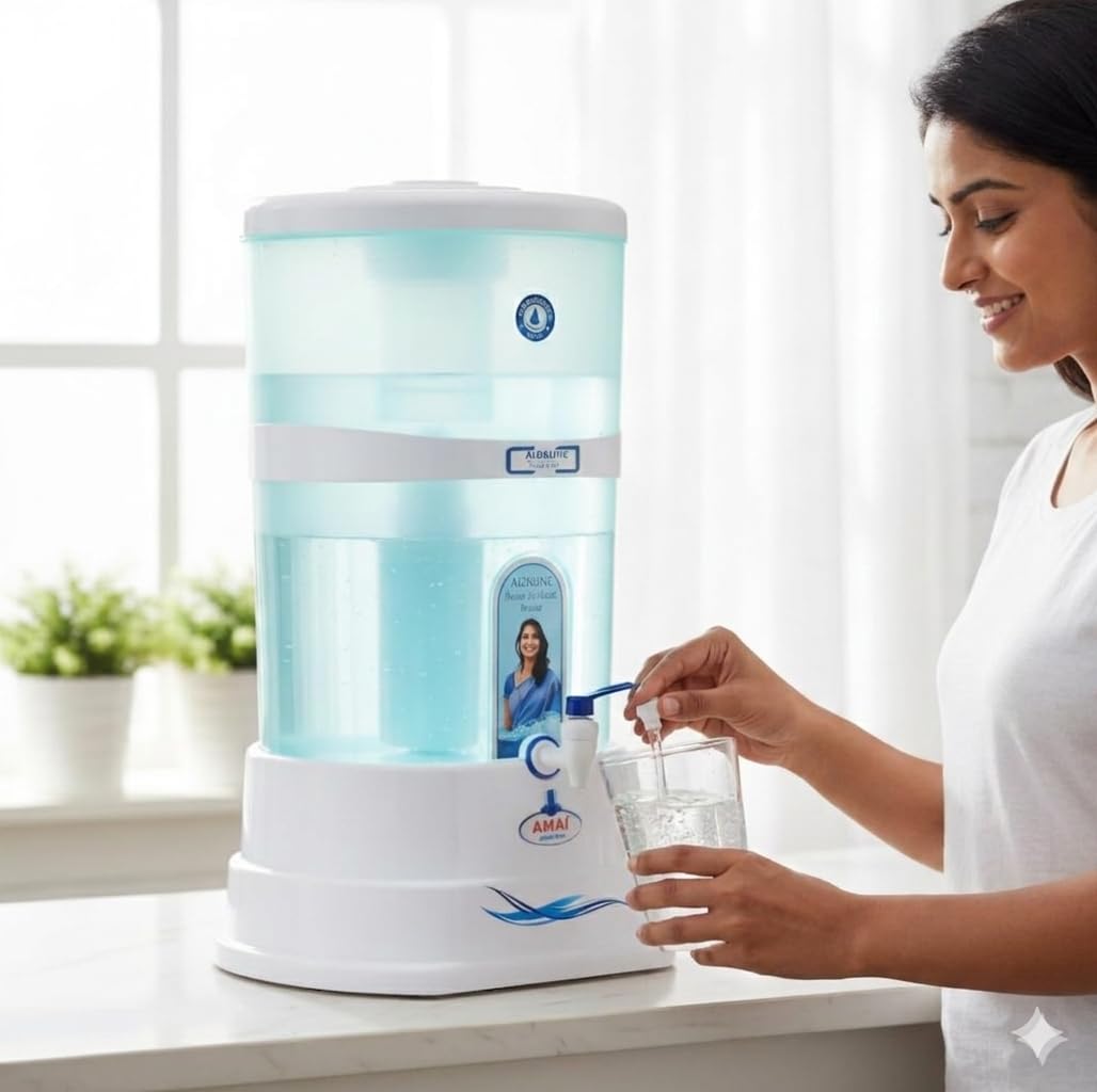 AMAI 20L Gravity Based Alkaline Mineral Water Purifier | Non-Electric Water Filter with 7-Stage Purification | Removes Bacteria, Chlorine & Dust | Adds Essential Minerals & pH Balance (White & Blue)-image-25