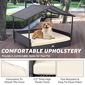 NATURAL EXPRESSIONS 2-in-1 Wicker Dog House,Elevated Dog Bed for Indoor/Outdoor with Removable Canopy,Large Dog House with Raised Pet Cot Cool, Breathable, Shade, waterrproof with Non-Slip Feet