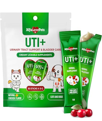 Cat UTI Treatment for Frequent Urination Bladder & Kidney Irritation Squeezable Dog UTI Treatment for Natural Care Creamy UTI+ Cranberry Supplement for Dogs with Chicken Flavor 10 Sticks x 5 g