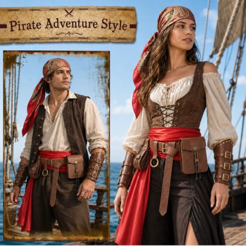 Image of Renaissance Pirate Belt Pouch with Coin Purse Skirt Hike Bracers | 8pack Medieval Viking Pirate Belt Pouch for Halloween Cosplay Ren Faire Accessories,Brown.