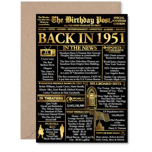 Stuff4 Gold 75th Birthday Card for Men Women - Black & Golden Newspaper Back in 1951 - Happy 75 Birthday Cards for Wife Sister Nan Uncle Mom Brother, A5 Bday Greeting Cards