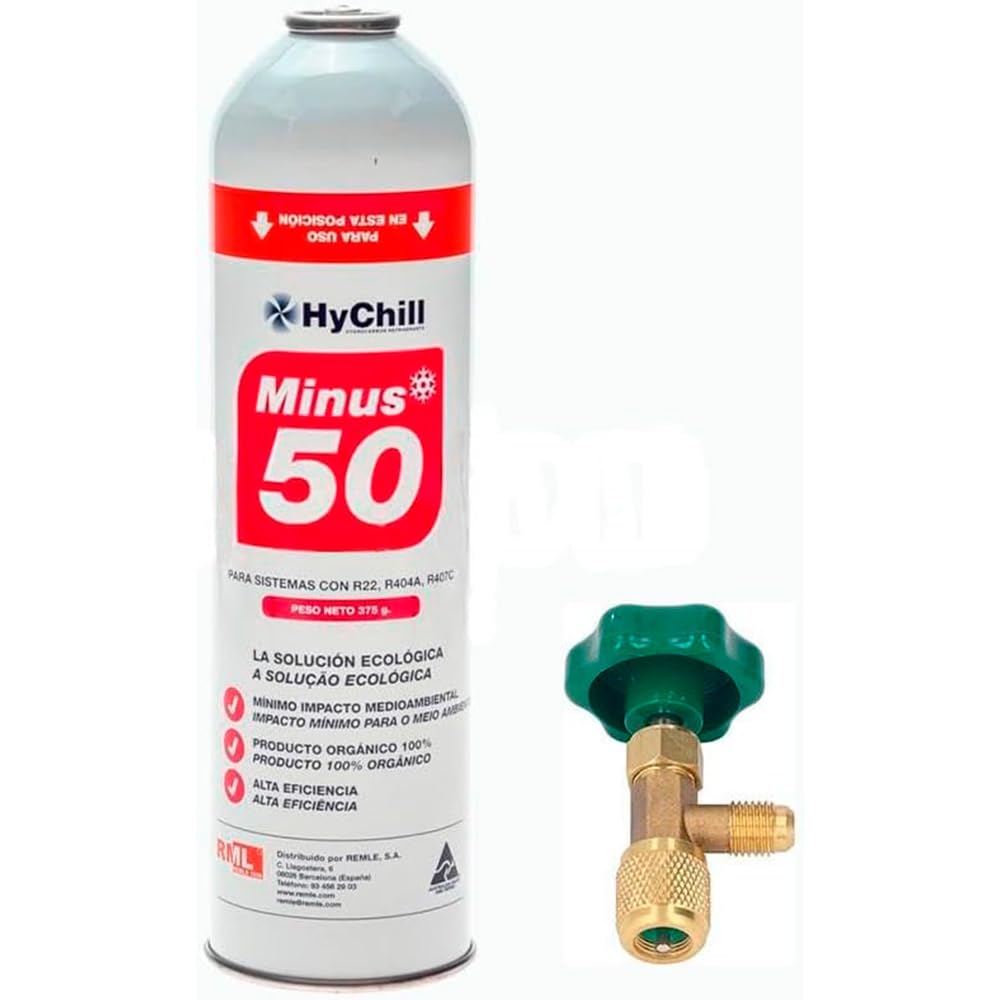 REPORSHOP Gas Refrigerante Orgánico Minus 50 Botella de 375 g para Sistemas con Gas R22, R404A, R407C y R502 con Válvula Incluida - Sustituto Freeze de Alta Eficiencia para Aire Acondicionado