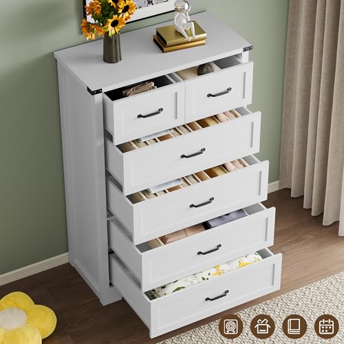 Image of BORNOON Tall 6-Drawer Dresser for Bedroom, Modern Wooden Chest of Drawers with Metal Handles, Anti-Tipping Design, Sturdy and Stable Storage Organizer for Living Room, Entryway, Home Office