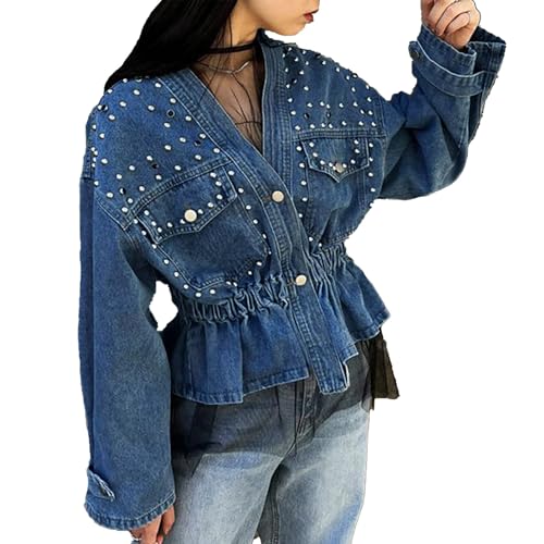 Mandonce Jean jacket Women Beaded V Neck Button Down Motorcycle Denim Jacket Cinched Waist Streetwear Fall Clothes Trendy