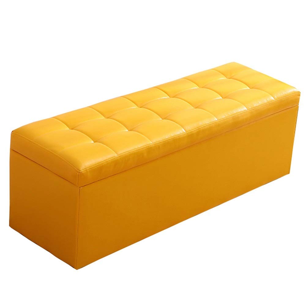 Pouf de rangement coffre rembourré en PU jaune pour salon et banquette de lit
