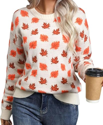 Chvity Women's Fall Leaf Trendy Jacquard Sweater Casual Knitted Soft Cozy Pullover Sweaters