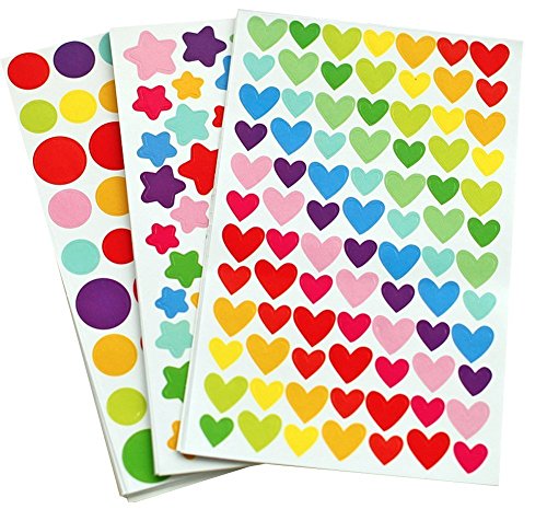 18 Sheets Colorful Decorative Colored Dots,heart,stars Adhesive Sticker Decorative Labels Gift Bags Boxes Wrapping Stickers Kids Craft Scrapbooking Sticker Set for Diary, Album (3style,18 sheet)