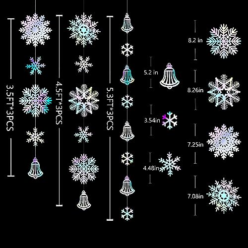 Image of 40 Ft Snowflakes Party Decorations Iridescent Snowflakes Bell Garland Holographic Big Snowflakes Hanging Streamer Backdrop for Winter Wonderland Christmas Holiday Birthday Home Window Wall Room Decor