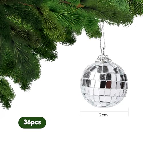 36 Stück Disco Spiegel Ball, Spiegel Ball Silber Diskokugel, 2cm Spiegelkugel Mini Discokugel für Weihnachtsbaum Dekoration, Lichteffekt, Hochzeit, Home, Party - Silber