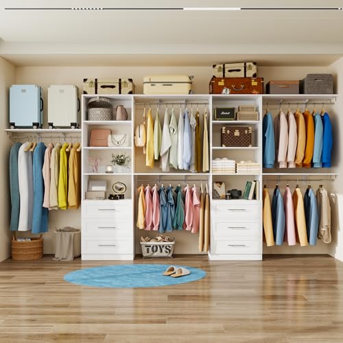 Closet System with 6 Wood Drawers, 5.3FT-8FT-12.3FT Closet Organizer System Storage Storage Adjustable with 6 Cuttable Shelves & 6 Expandable Hanging Rods, Walk in Closet, 2 Sets , White - Image 2