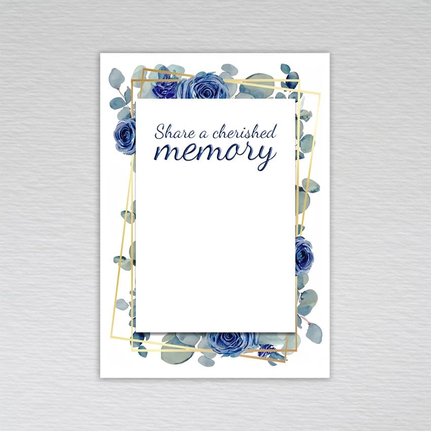 Pack of Funeral Memory cards/Memory Book Table Condolence Book Alternative/Share a Memory Remembrance Cards: Dusty Blue Eucalyptus and Navy Rose Funeral Memory (Pack of 20 without Envelopes)