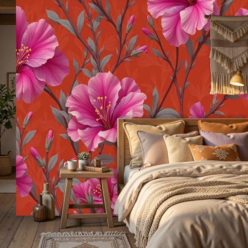 Papier peint panoramique intissé haut de gamme effet 3D fleurs d'hibiscus