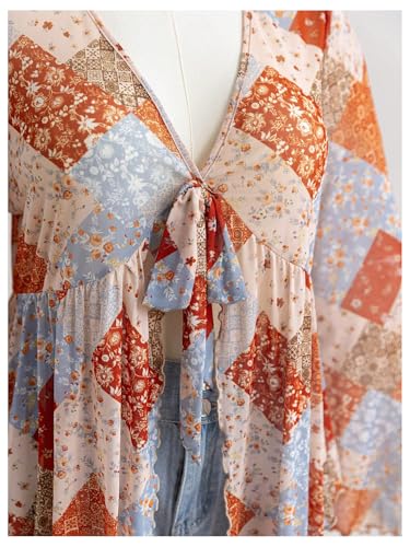 Women's Plus Size Bell Sleeve Tops Mesh Sheer Tie Front 70s Hippie Shirts Western Flared Ruffle Blouses Peplum Top3