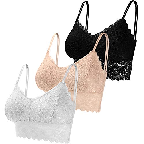 Duufin 3 Pieces Women Bralette Lace Bra with Straps Removable Pads Bralettes (Black, White, Beige, M)