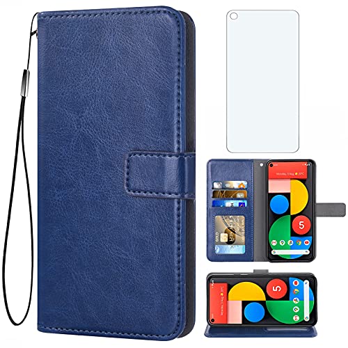 Étui portefeuille en cuir Pixel 5 5G Asuwish avec protection d'écran verre trempé bleu