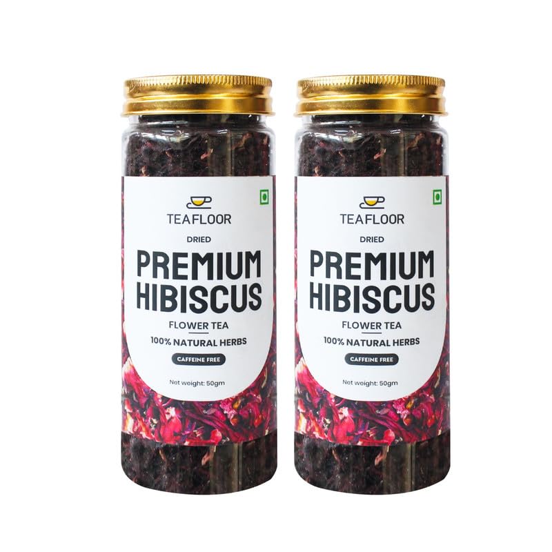 Image of TEAFLOOR 100% Dried Natural Hibiscus Flower Tea: Explore The Ruby Nectar || Wellness & Health,Vitamin C Bursts || Whole Flower Buds, Brew Hot Or Iced - Caffein Free || 50 Grams (Pack Of 2)