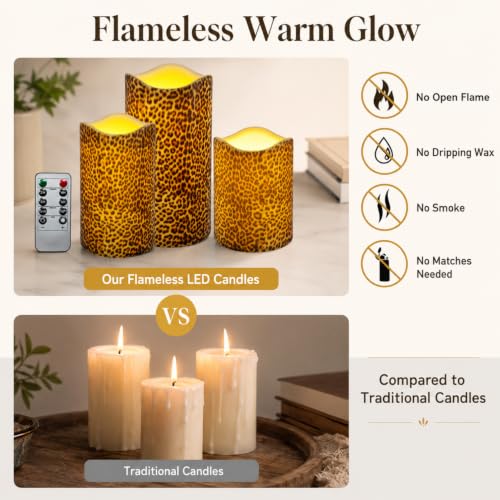 Image of Leopard Print Flameless LED Pillar Candles with Remote 3 Pack