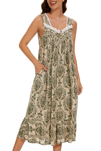 Image of AVIIER Cotton Nightgowns for Women Sleeveless House Dress Ladies Long Nightdress with Pockets S-XXL