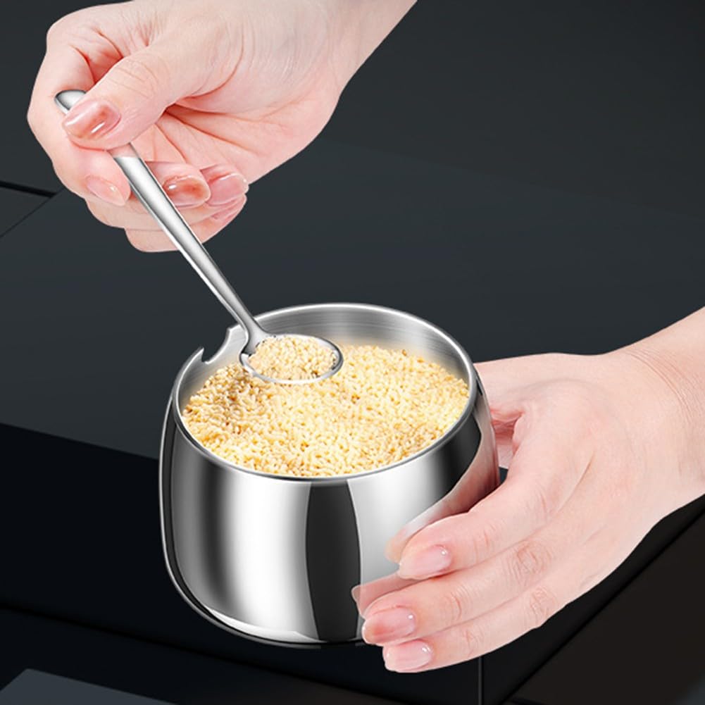 Gewürzbehälter aus Edelstahl 304 mit Glasdeckel, Löffel und Tablett, rostfreie Gewürzgläser für Zucker, Salz, Pfeffer, Küche, Aufbewahrung, Silber, 4 Stück