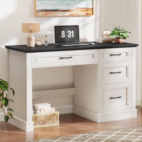 Image of Farmhouse 47 inch Executive Desk with File Drawer, Computer Desk with 4 Drawers, Workstation for Writing, Study, Home Office, Black.