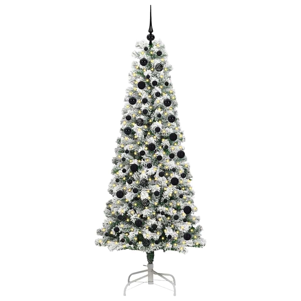 Albero di Natale artificiale pieghevole, 210 cm, verde e bianco, con 694 punte in PVC, 300 LED a luce bianca calda, 8 modalità flash, alimentato tramite USB, robusto supporto in metallo per interni ed