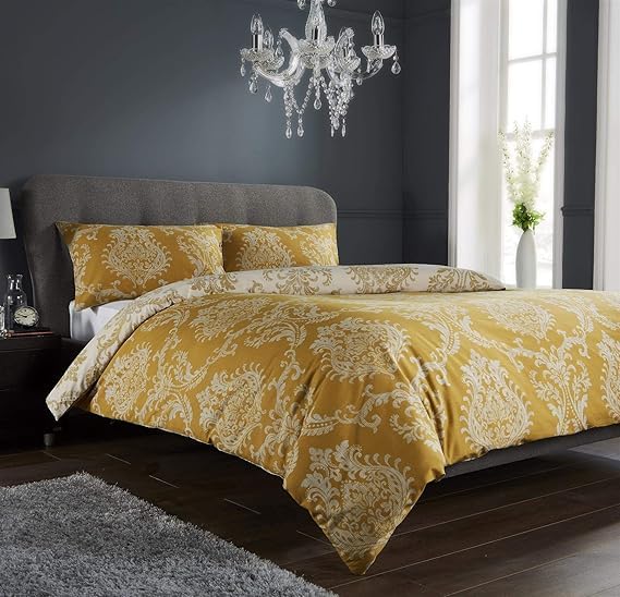 KARKARM Royal Damask Super King Duvet Cover Gold Luxury Duvet Cover Set Reversible Bed Linen Printed Quilt Covers Damask Bedding Sets 3pcs