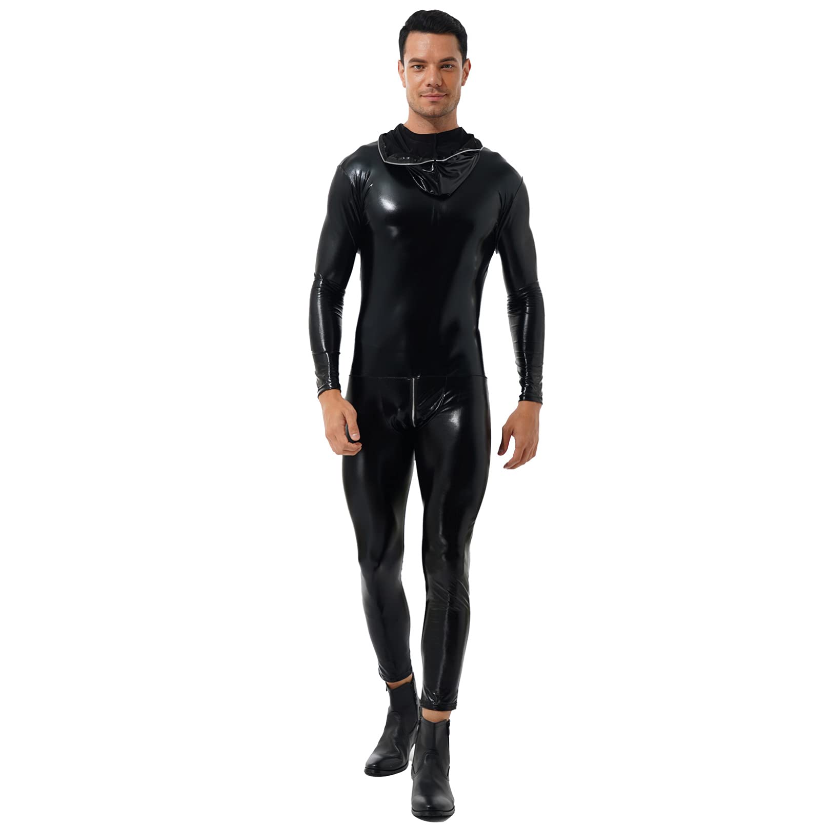 Mens Adult Full Body Suit Patent Leather Hooded Jumpsuit Zipper Zentai Catsuit Costume