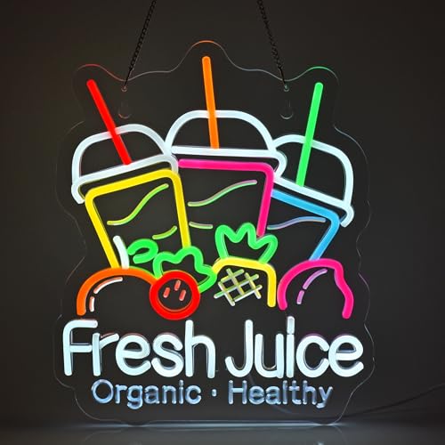Image of Fresh Juice Neon Sign, Neon Lights Hanging Wall Art Decoration for Juice Bar Shop Food Truck Market Bakeries Cafe Celebration Home Decor, USB Powered Ultra Bright Dimmable, 15.35x12.6inches