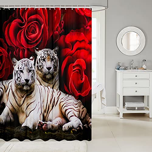 Tiger Vorhänge, Rose Tiger Duschvorhang Braun Rot Bild der großen Katze spielt mit Wasser Coole Natur Tier Stoff Badvorhang Romantische Blume Vorhang für Badezimmer Badewannen 180x200 (BxL)