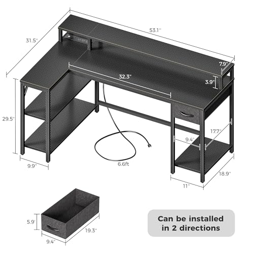 Image of SUPERJARE 53 inch Reversible L Shaped Desk with LED Lights & Power Outlets, Computer Desk with Shelves & Monitor Stand, Gaming Desk with Drawer, Home Office Desk, Carbon Fiber Black