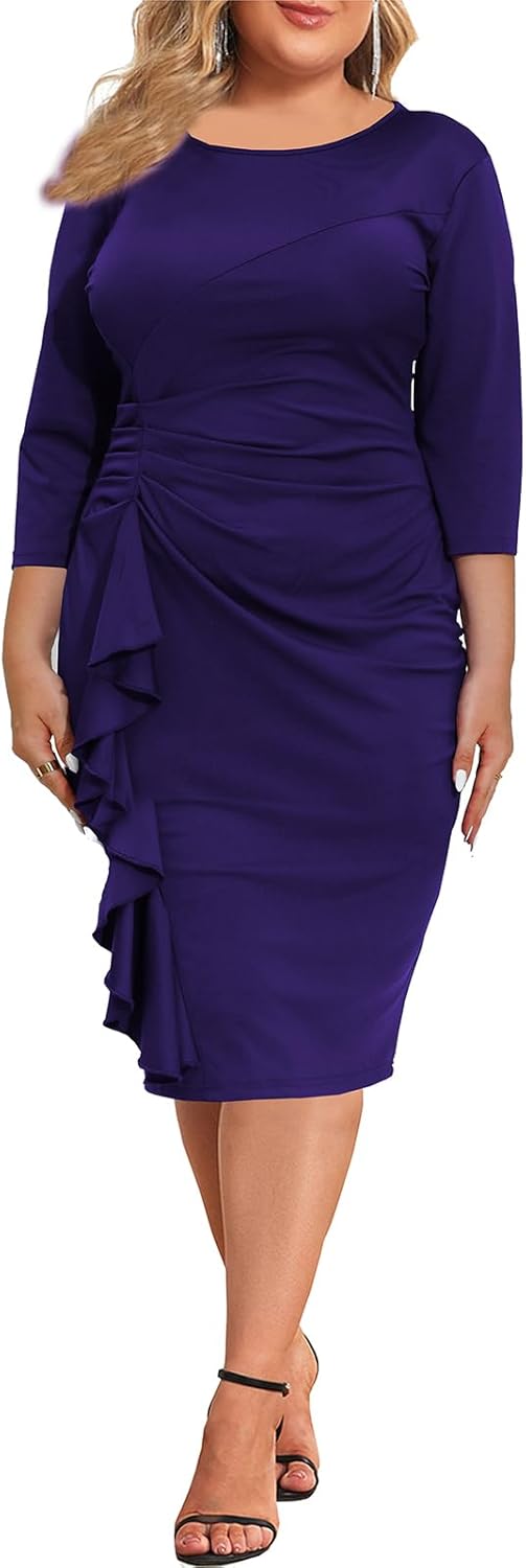 Plus Size Dresses for Curvy Women 3/4 Sleeve Bodycon Fit Ruffle Midi Pencil Dress