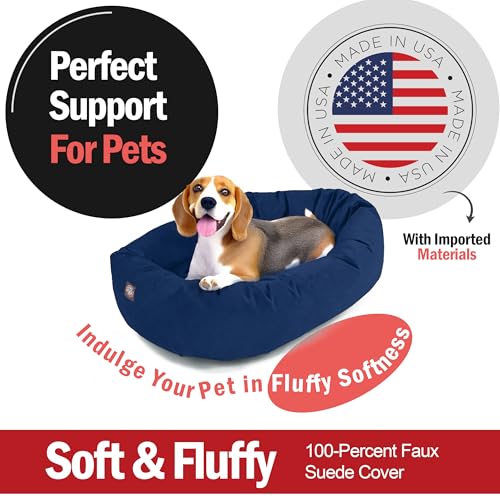 Image of Majestic Pet Suede Shredded Memory Foam Mix Calming Dog Bed Washable - Cozy Soft Round Dog Bed with Spine for Head Support - Fluffy Donut Dog Bed, 32 Inch, Navy