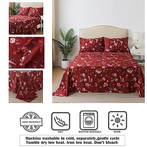 Image of FADFAY Red Rose Sheets Set Full Vintage Rose Floral Bedding Chic Rose Flower Bed Sheets Shabby Farmhouse Bedding 100% Percale Egyptian Cotton 800 Thread Count Deep Pocket Fitted Sheet 4Pcs, Full Size
