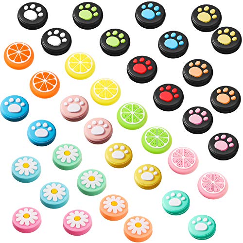 38 Pieces Replacement Switch Thumb Grips Silicone Joystick Button Caps Analog Stick Covers Cute Cat Paw Lemon and Flower Design Compatible with Nintendo Switch, Switch Lite Joy-Con Controller