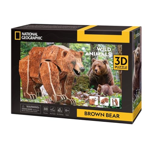 CubicFun 661096 National Geographic 3D Puzzle, Braunbär, 3D Tierpuzzle Bär mit 88 Teilen, Modellbausatz für Kinder ab 8 Jahren