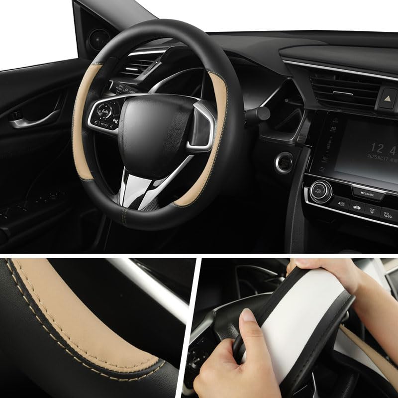 Car Steering Wheel Cover,Microfiber Leather Steering Wheel Cover Universal 14.5-15 inch, Anti-Slip Breathable Auto Wheel Cover Protector for Men Women (Black&Beige)